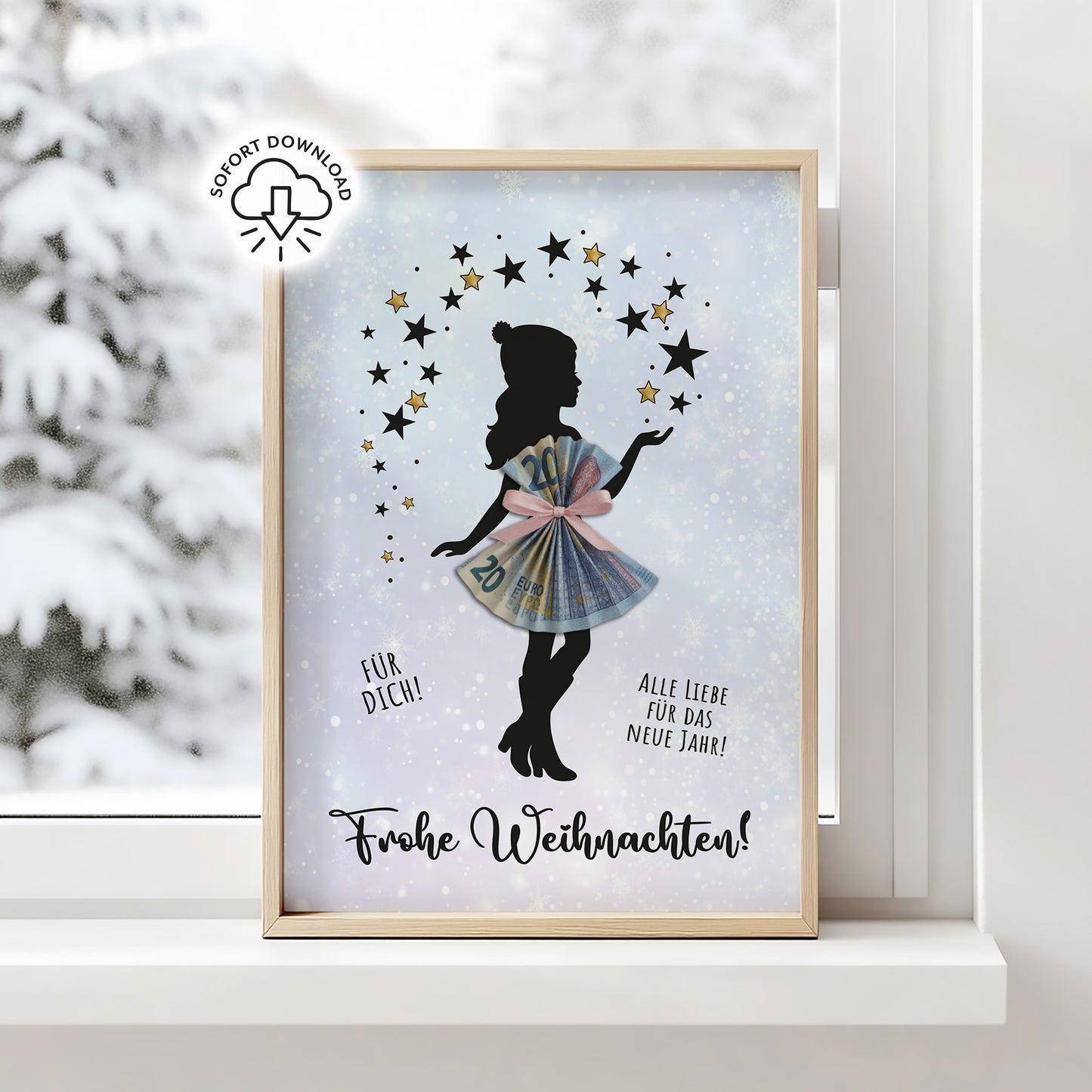 Printable mit Silhouette und Geldschein-Kleid, Spruch „Frohe Weihnachten – für dich!“, digitales Geldgeschenk zum Ausdrucken