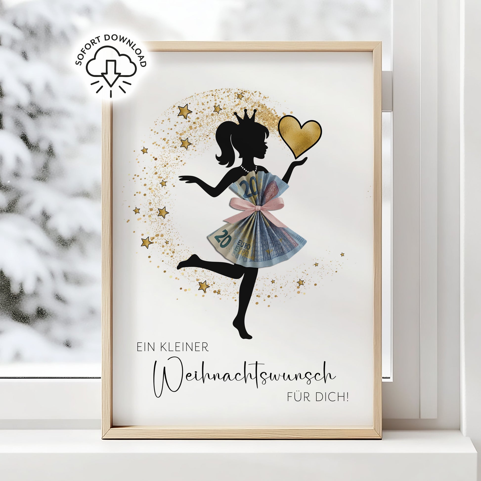 Weihnachts-Printable mit Mädchen-Silhouette, Geldschein-Kleid und Herz, Spruch „Ein kleiner Weihnachtswunsch für dich“, ideales Geldgeschenk Weihnachten