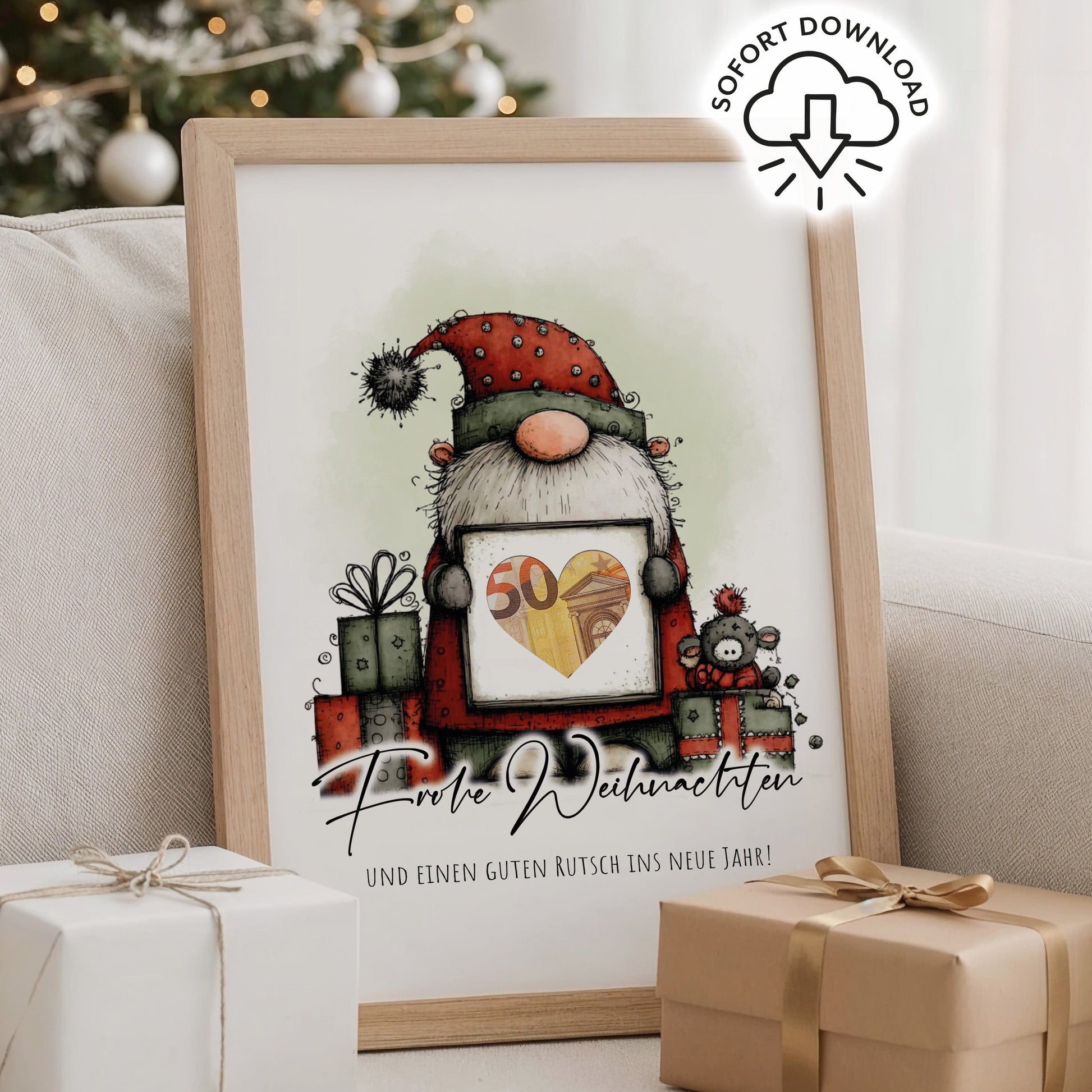Weihnachts-Printable mit Wichtel und Geschenken, Spruch „Frohe Weihnachten und einen guten Rutsch ins neue Jahr“, digitales Geldgeschenk zum Ausdrucken