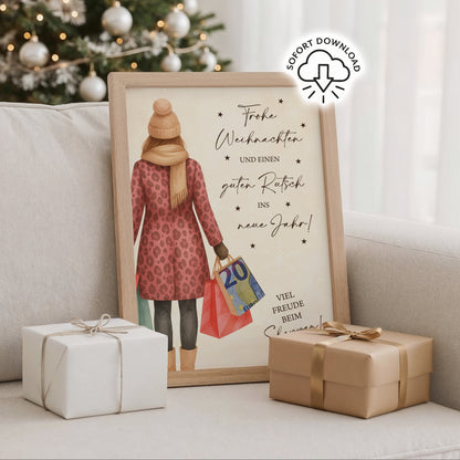 Printable Weihnachtsmotiv mit Frau und Einkaufstüten, Spruch „Frohe Weihnachten und guten Rutsch – viel Freude beim Shoppen“, digitales Geldgeschenk