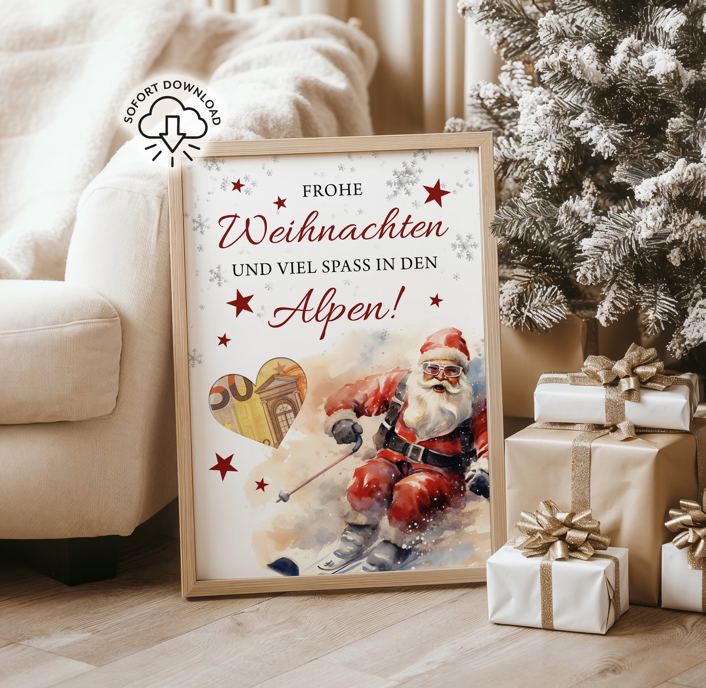 Frohe Weihnachten und viel Spaß in den Alpen | Geldgeschenk Skiurlaub