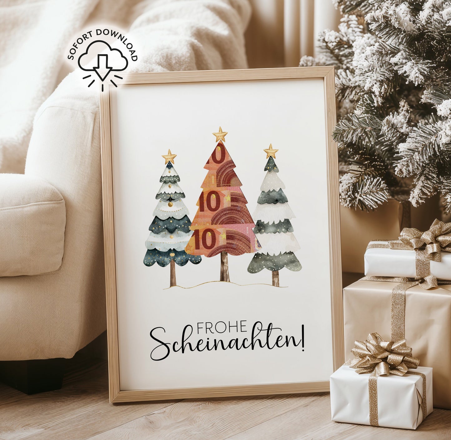 Printable mit drei Weihnachtsbäumen und Spruch „Frohe Scheinachten“, humorvolle Geldgeschenk-Vorlage als digitaler Download zu Weihnachten