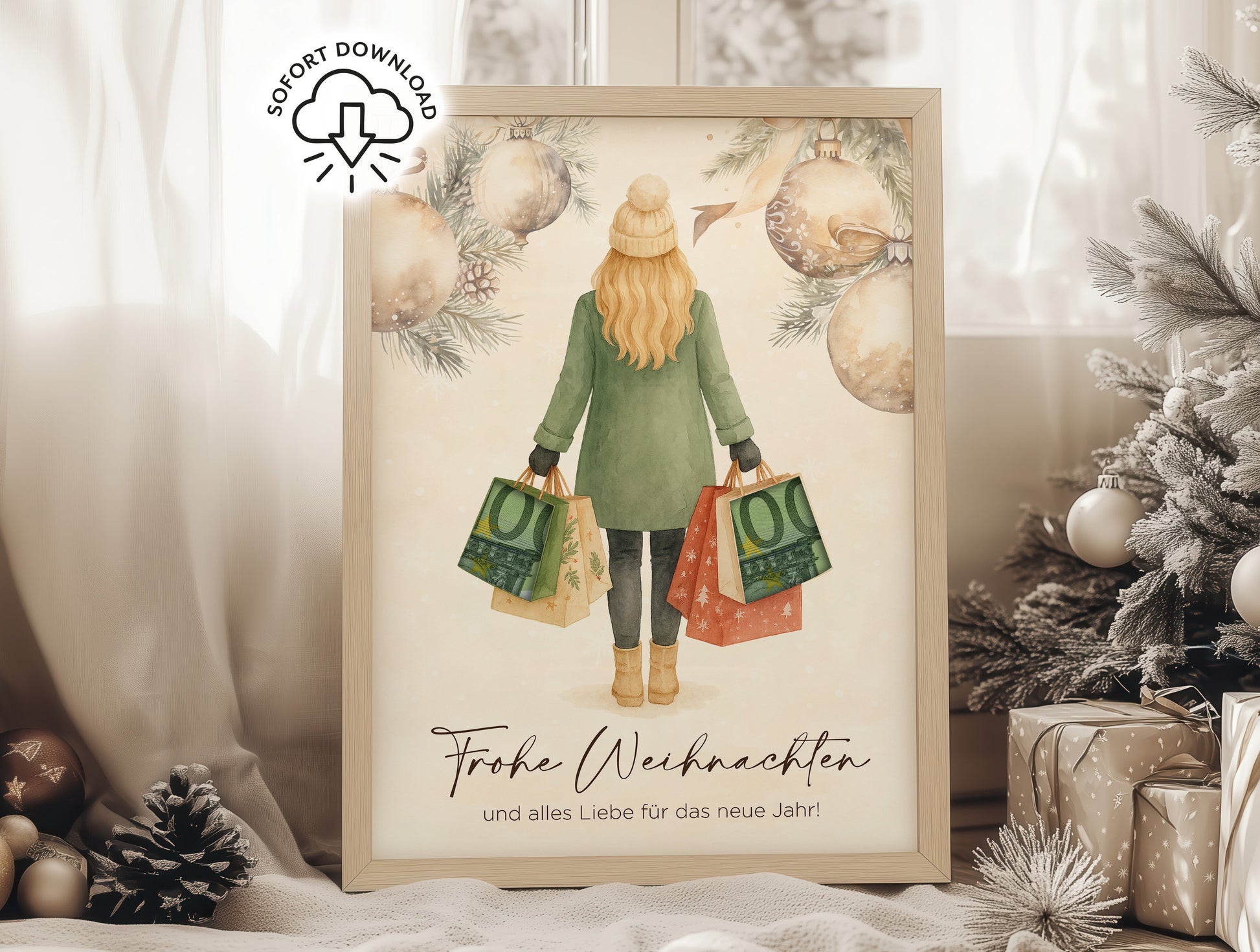 Weihnachts-Printable mit Frau und Einkaufstaschen, Spruch „Frohe Weihnachten und alles Liebe fürs neue Jahr“, digitales Geldgeschenk zum Ausdrucken