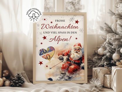 Weihnachts-Printable mit Weihnachtsmann auf Skiern, Spruch „Frohe Weihnachten und viel Spaß in den Alpen“, ideales Geldgeschenk für Skiurlaub