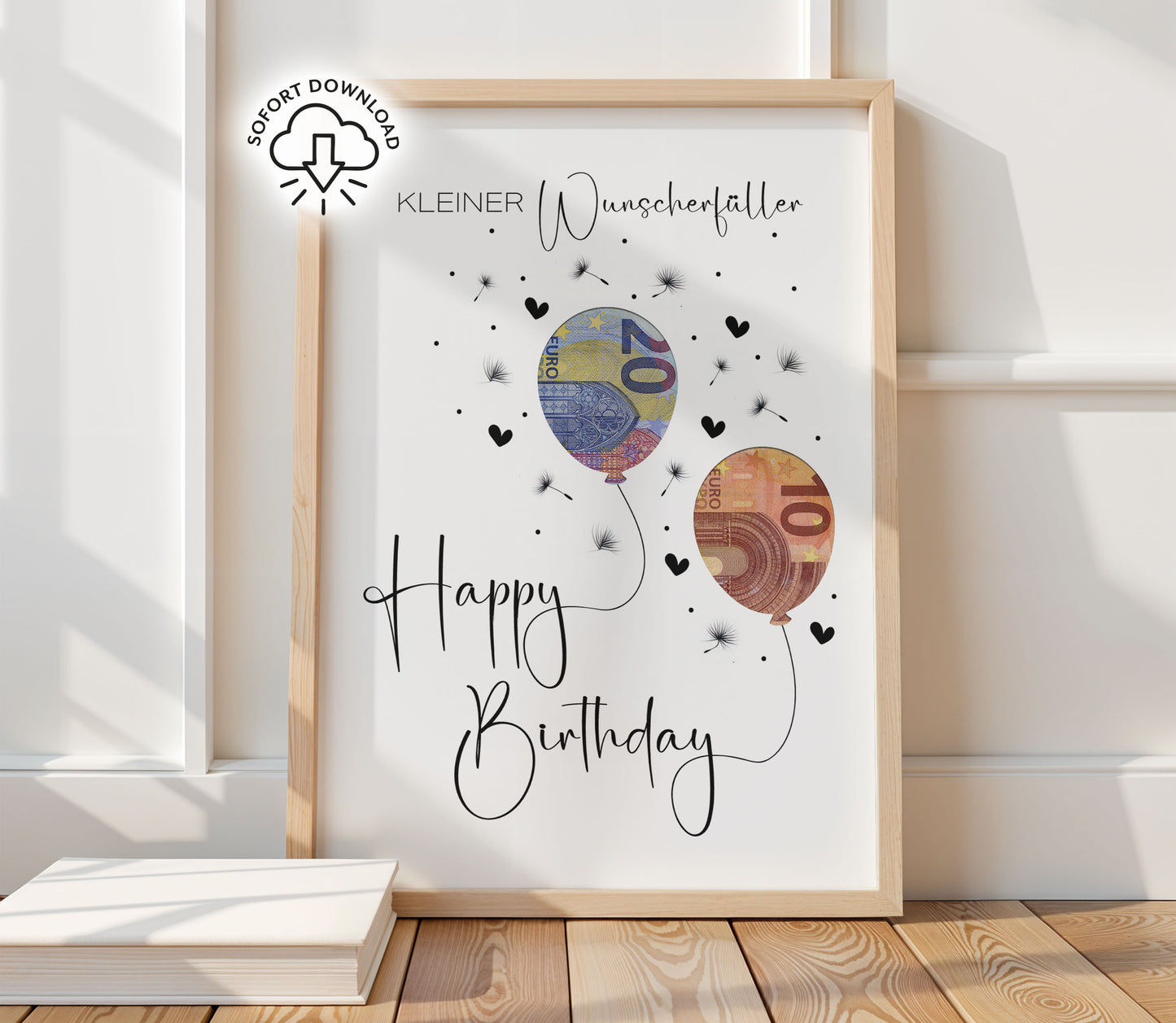 Printable „Kleiner Wunscherfüller – Happy Birthday“ mit Geldschein-Ballons und Pusteblume, digitales Geldgeschenk zum Ausdrucken in A3, A4, A5