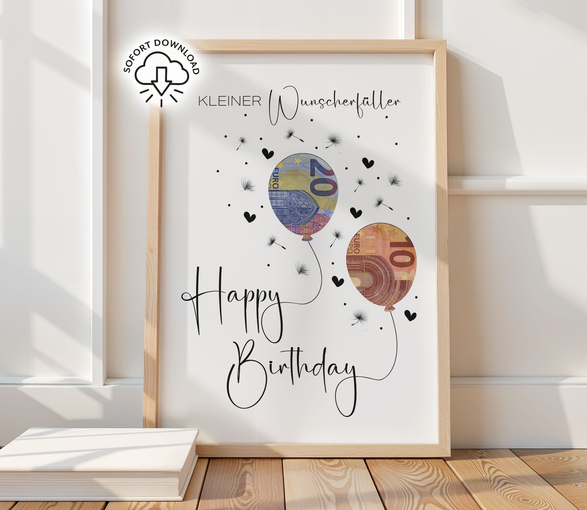 Printable „Kleiner Wunscherfüller – Happy Birthday“ mit Geldschein-Ballons und Pusteblume, digitales Geldgeschenk zum Ausdrucken in A3, A4, A5