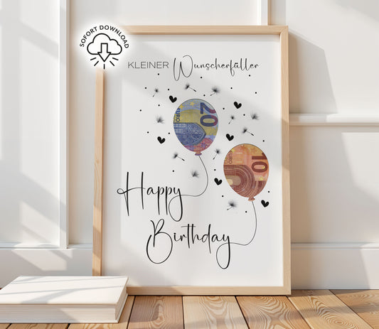 Printable „Kleiner Wunscherfüller – Happy Birthday“ mit Geldschein-Ballons und Pusteblume, digitales Geldgeschenk zum Ausdrucken in A3, A4, A5