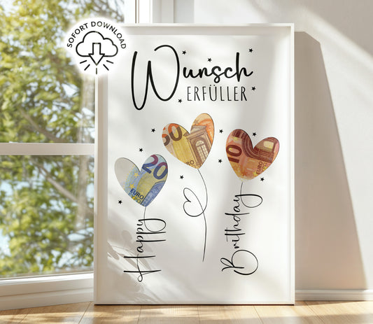 Printable mit Herz-Ballons aus Geldscheinen, Schriftzug „Kleiner Wunscherfüller“, digitales Geldgeschenk zum Geburtstag als Download in A3, A4 & A5