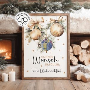 Printable mit goldenen Weihnachtskugeln und Schriftzug „Kleiner Wunscherfüller – Frohe Weihnachten“, digitales Geldgeschenk zum Ausdrucken